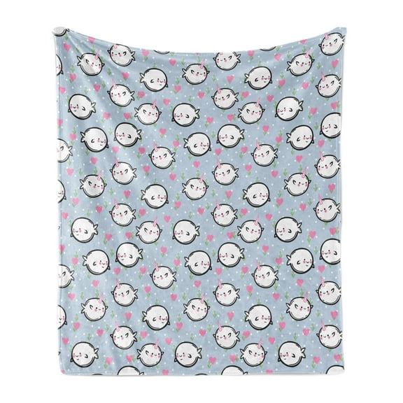 Narwhal Soft Flannel Fleece Throw Blanket, Colorful Polka Dotted and Heart Pattern Background with Cartoon Character Whales, Cozy Plush for Indoor and Outdoor Use, 60" x 80", Multicolor, by Ambesonne