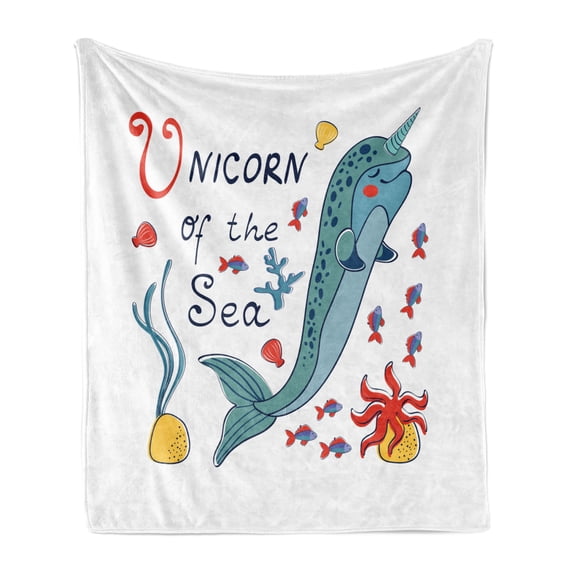 Narwhal Soft Flannel Fleece Throw Blanket, Colorful Narwhal Swimming with the School of Fish Unicorn of the Sea Inscription, Cozy Plush for Indoor and Outdoor Use, 60" x 80", Multicolor, by Ambesonne