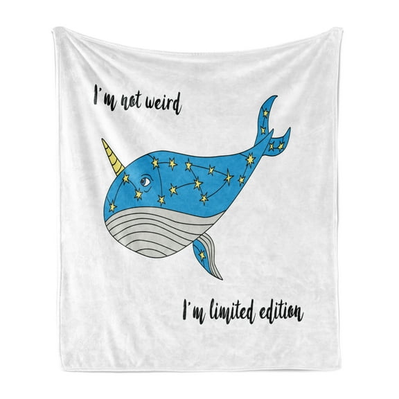 Narwhal Soft Flannel Fleece Throw Blanket, Hand Drawn Blue Cartoon Whale with Star Motifs and Words, Cozy Plush for Indoor and Outdoor Use, 70" x 90", Azure Blue Grey Yellow, by Ambesonne