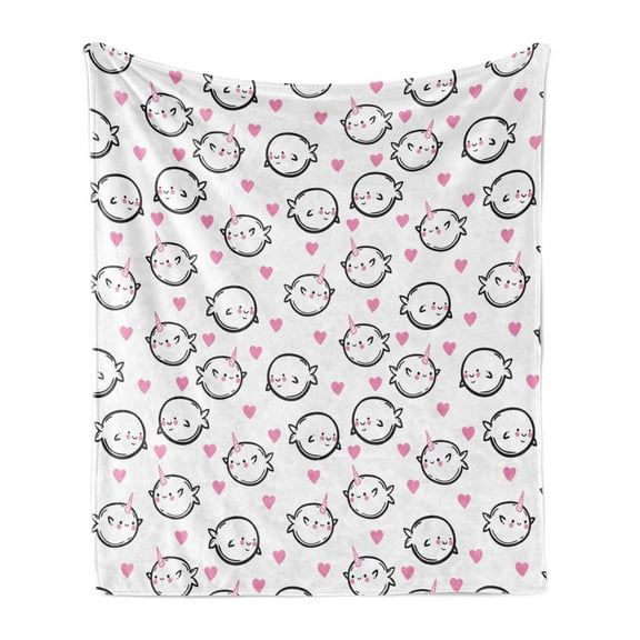 Narwhal Soft Flannel Fleece Throw Blanket, Heart Background Doodle Style Whales Ocean Mammals Childrens Cartoon, Cozy Plush for Indoor and Outdoor Use, 50" x 70", Pink Black White, by Ambesonne