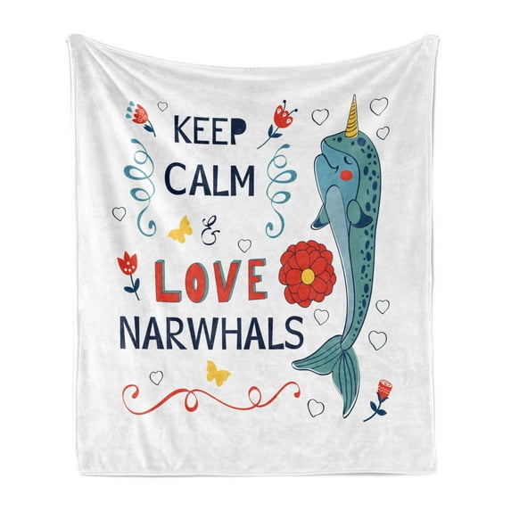 Narwhal Soft Flannel Fleece Throw Blanket, Pop Culture Phrase with Unicorn of the Ocean Design Colorful Cartoon Character, Cozy Plush for Indoor and Outdoor Use, 60" x 80", Multicolor, by Ambesonne