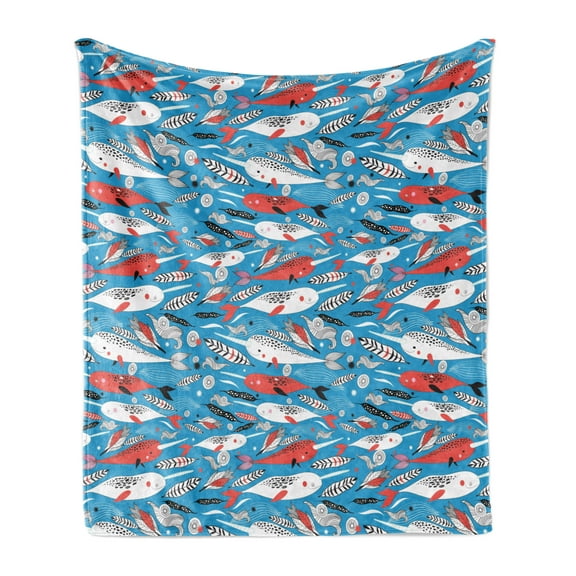 Narwhal Soft Flannel Fleece Throw Blanket, Underwater Life Themed Whale and Bird Feather Illustration Colorful Design, Cozy Plush for Indoor and Outdoor Use, 50" x 70", Multicolor, by Ambesonne