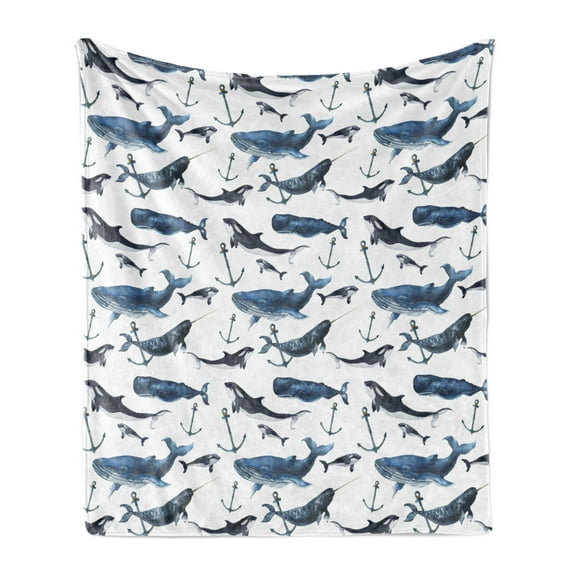 Narwhal Soft Flannel Fleece Throw Blanket, Watercolor Narwhals Orcas and Blue Whales with Anchors Arctic Fauna, Cozy Plush for Indoor and Outdoor Use, 50" x 60", Blue Grey Dark Blue, by Ambesonne