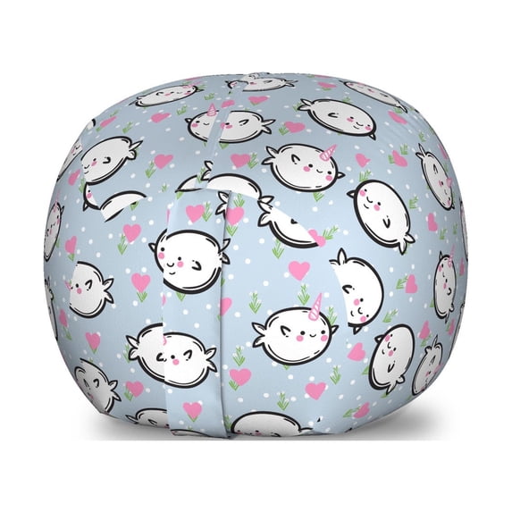 Narwhal Storage Toy Bag Chair, Colorful Polka Dotted and Heart Pattern Background with Cartoon Character Whales, Stuffed Animal Organizer Washable Bag, Small Size, Multicolor, by Ambesonne