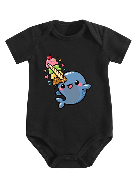 Narwhal String Colorful Ice Cream Balls Baby Bodysuit, 100% Cotton Short Sleeve Snap Romper, 0-12 Months