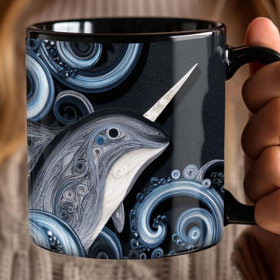 Narwhal Swimming Mug | Quilled-look, Black Ceramic 11oz or 15oz, Morning Coffee Cup, Ocean Animals, Unusual, Quirky, Funny,