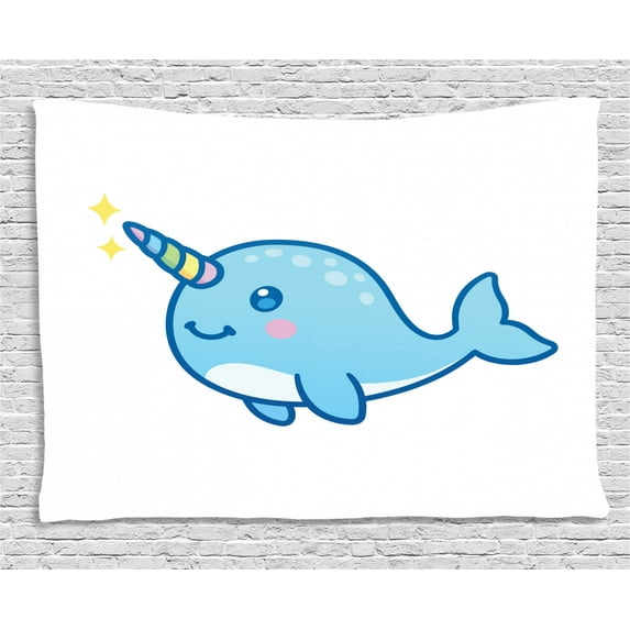 Narwhal Tapestry, Cartoon Drawing Style Whale with Rainbow Horn Unicorn of the Ocean Arctic Animal, Wall Hanging for Bedroom Living Room Dorm Decor, 60W X 40L Inches, Multicolor, by Ambesonne