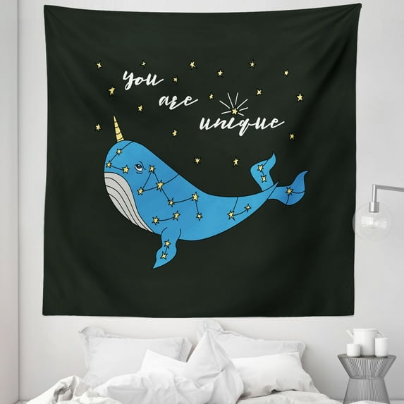 Narwhal Tapestry, Hand Drawn Cartoon Character Star Patterned Narwhal with Inspirational Words, Fabric Wall Hanging Decor for Bedroom Living Room Dorm, 5 Sizes, Multicolor, by Ambesonne