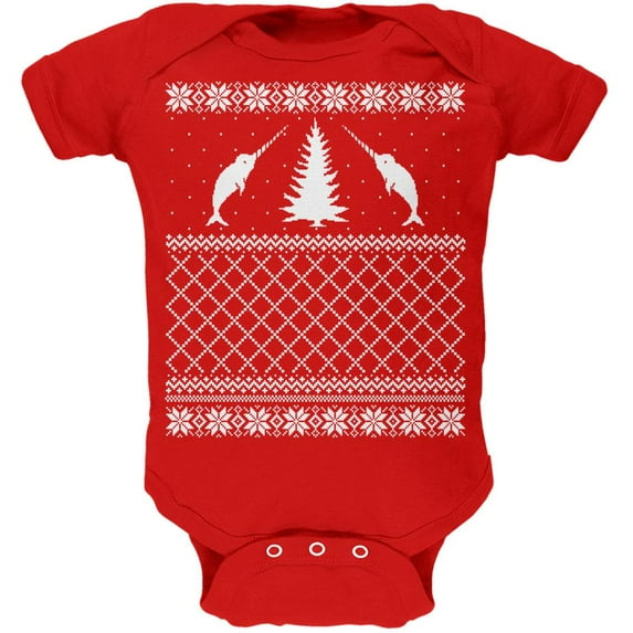 Narwhal Ugly Christmas Sweater Red Soft Baby One Piece - 3 month