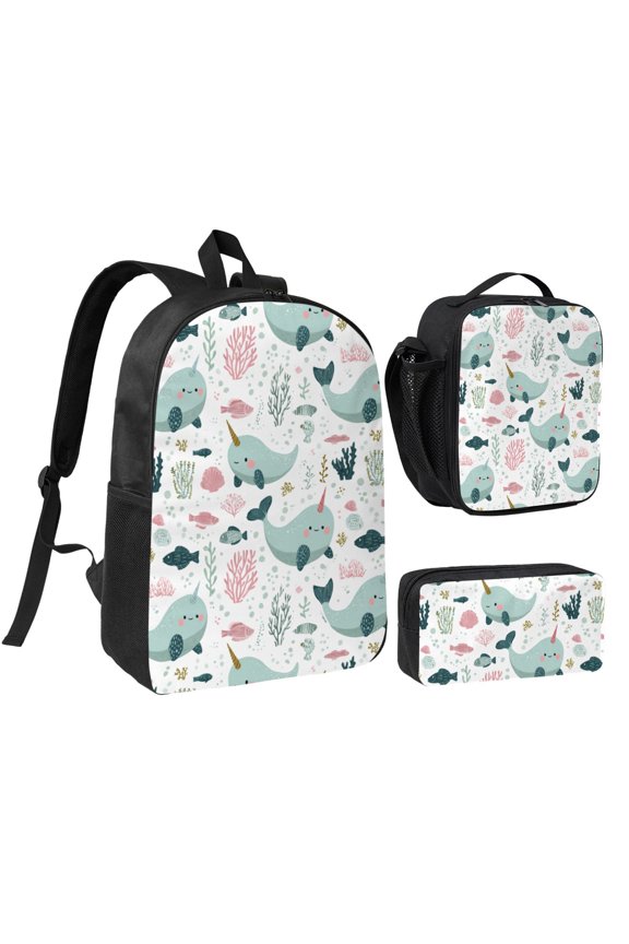 Narwhal and fish pattern Backpack Set,3PCS Backpack Set with Insulated Lunch Bag and Pencil Pouch,Travel Backpack,Large Capacity Daypack,Utility Organizer Set for Daily Use Travel