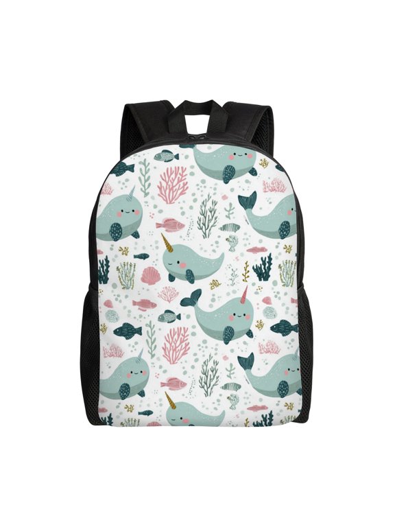 Narwhal and fish pattern Backpack with 15 Inch Laptop Compartment,Water-Resistant Daypack, Large Capacity Backpack with Adjustable Breathable Shoulder Straps for Daily Use Travel Gym