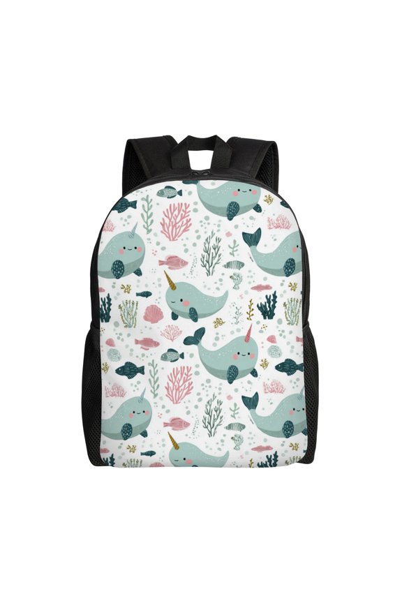 Narwhal and fish pattern Backpack with 15 Inch Laptop Compartment,Water-Resistant Daypack, Large Capacity Backpack with Adjustable Breathable Shoulder Straps for Daily Use Travel Gym
