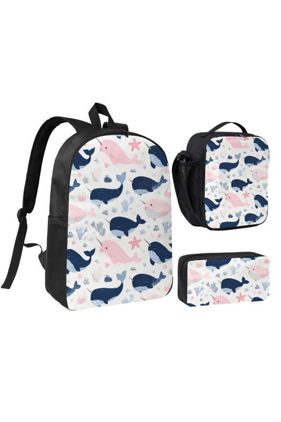 Narwhal pattern design Backpack Set,3PCS Backpack Set with Insulated Lunch Bag and Pencil Pouch,Travel Backpack,Large Capacity Daypack,Utility Organizer Set for Daily Use Travel