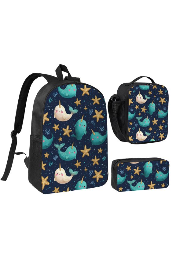 Narwhal and starfish pattern Backpack Set,3PCS Backpack Set with Insulated Lunch Bag and Pencil Pouch,Travel Backpack,Large Capacity Daypack,Utility Organizer Set for Daily Use Travel