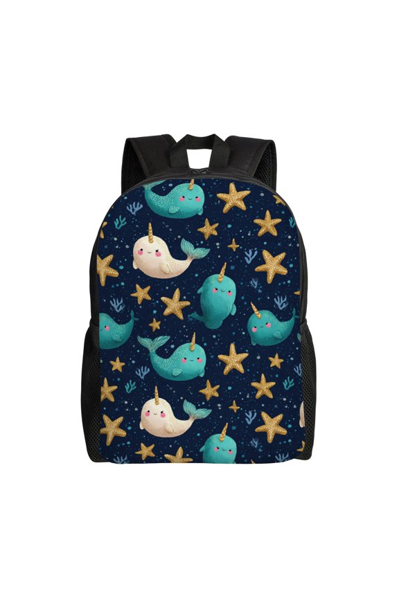 Narwhal and starfish pattern Backpack with 15 Inch Laptop Compartment,Water-Resistant Daypack, Large Capacity Backpack with Adjustable Breathable Shoulder Straps for Daily Use Travel Gym