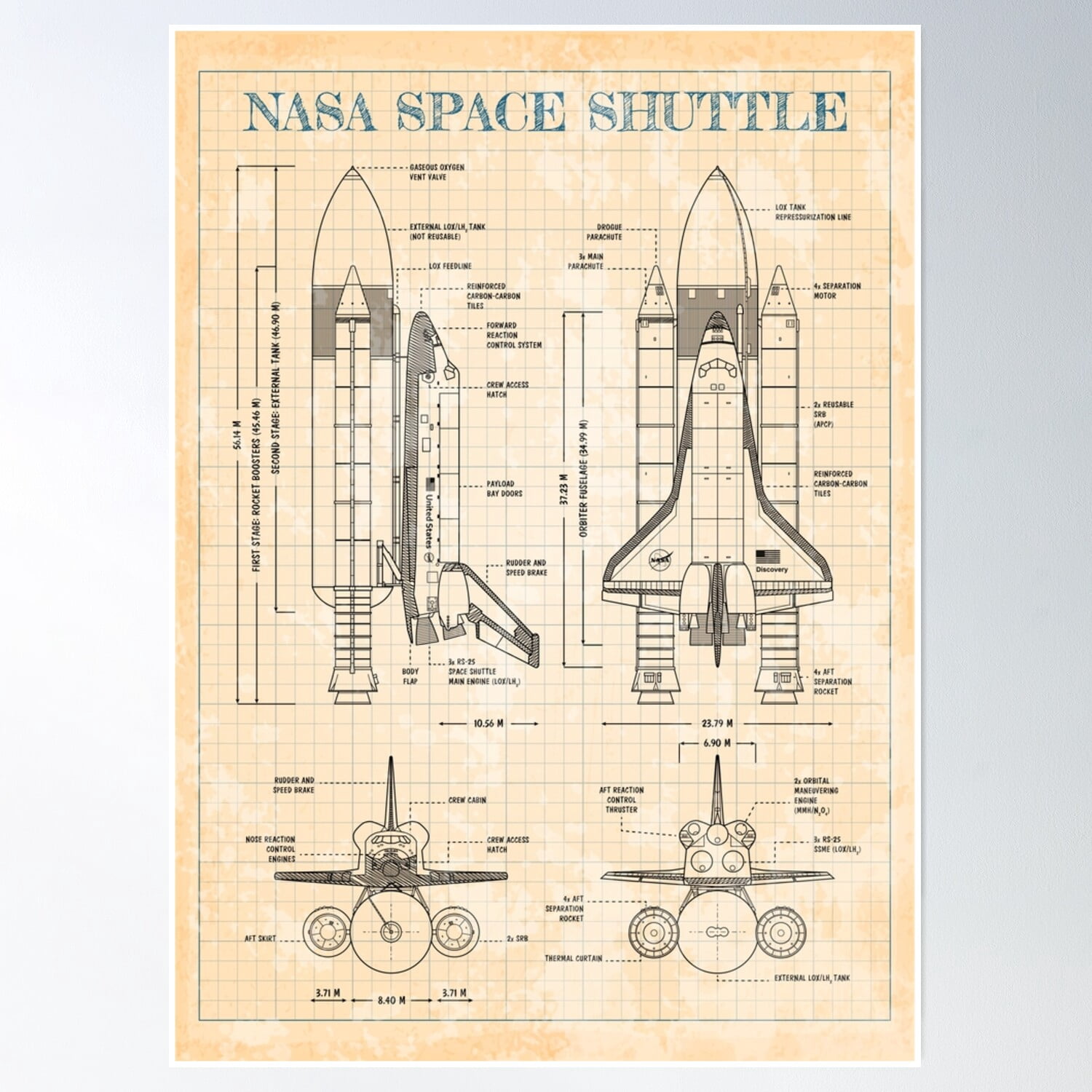 Nasa Space Shuttle (Vertical - Old Blue Grid Blueprint) Poster Wall Art ...