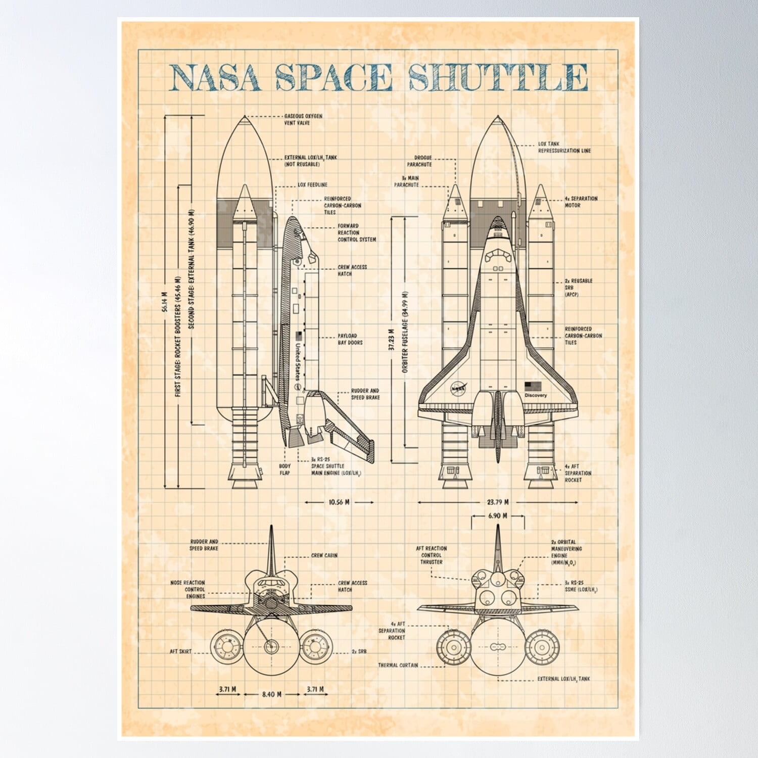 Nasa Space Shuttle (Vertical - Old Blue Grid Blueprint) Poster Wall Art ...