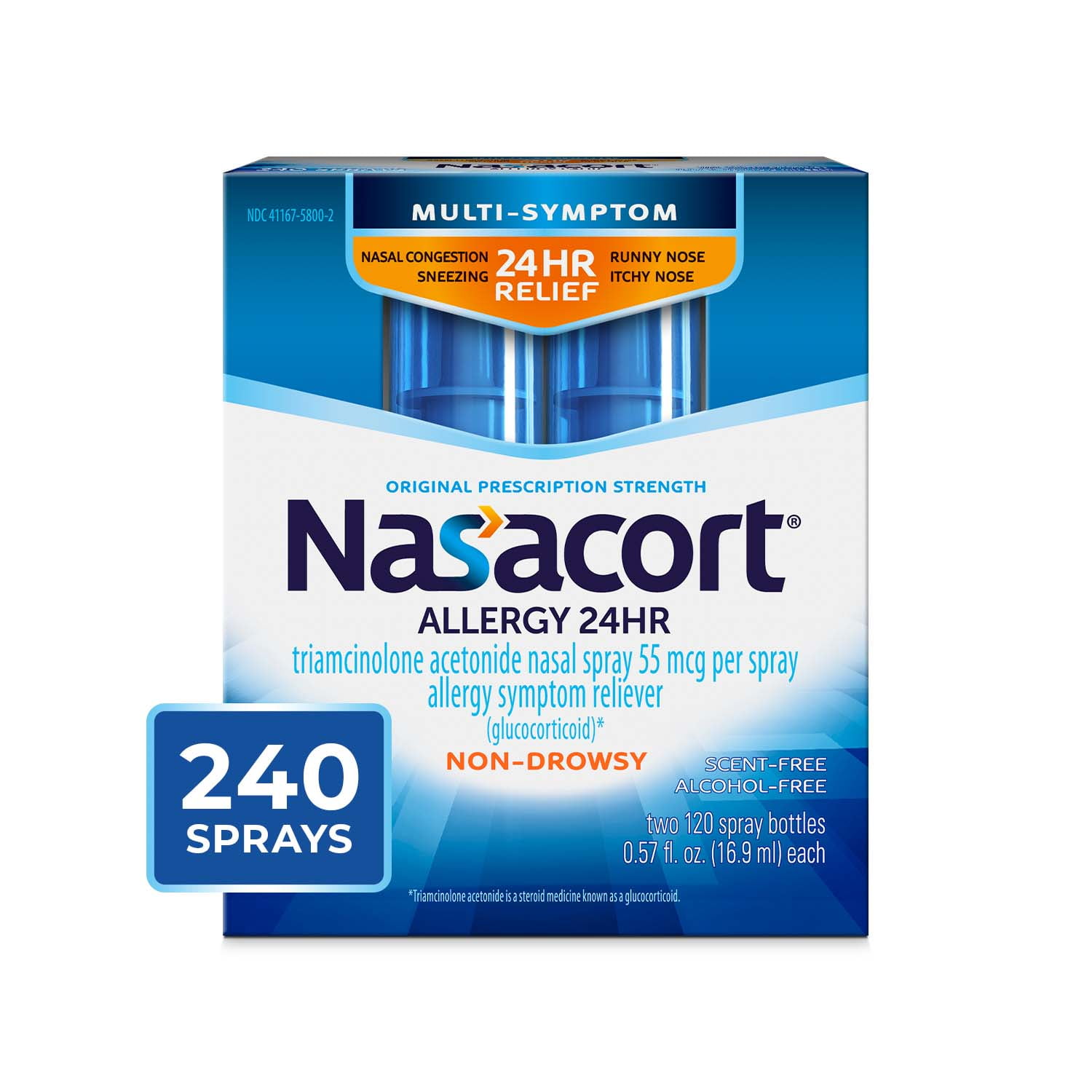 Nasacort 24HR Allergy Nasal Spray for Adults, Non-drowsy \u0026 Alcohol Free with Triamcinolone Acetonide, 120 Sprays, 0.57 fl.oz. 2pk