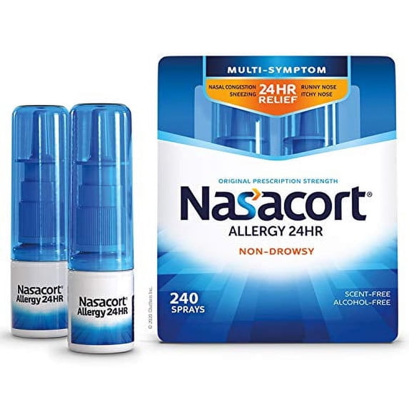 Nasacort Allergy 24HR Nasal Spray for Adults, Non-Drowsy & Alcohol-Free, 120 Sprays,, 0.57 Fl Oz (Pack of 2) (738565)