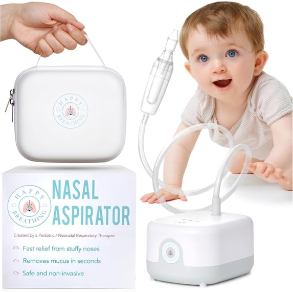 Happy Breathing Suction Baby Nasal Aspirator Rechargeable 3 Levels of Gentle Suction Corded Electric Childrens Nasal Aspirator for Congestion and Stuffy Nose, White