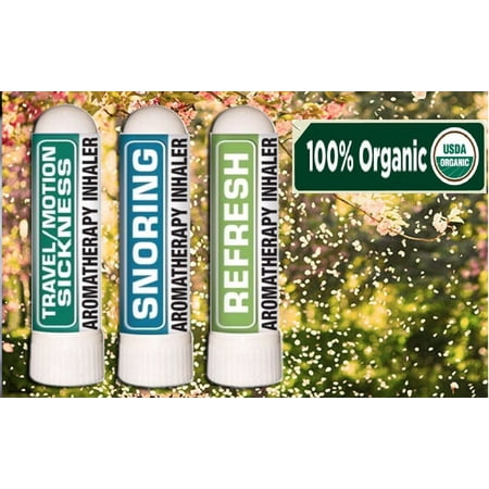Nasal Inhaler Aromatherapy Gift Set of 3 - Snoring, Travel/Motion Sickness and Refresh - Made with 100% Pure Therapeutic Grade Organic Essential Oils 0.7 mL each by Sponix Made in USA / Fast Shipping