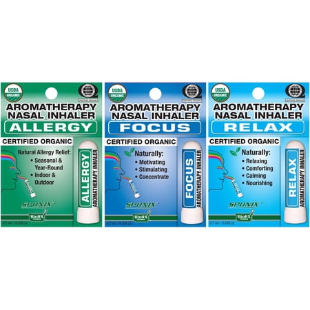 Nasal Inhaler Aromatherapy Gift Set of 3 - USDA Organic - Allergy, Focus and Relax - Made with 100% Pure Therapeutic Grade Organic Essential Oils 0.7 mL each by Sponix Made in USA pack of 3