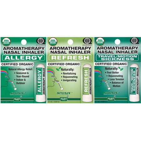 Nasal Inhaler Aromatherapy Gift Set of 3 - USDA Organic - Travel/Motion Sickness, Refresh, Allergy - Made with 100% Pure Therapeutic Grade Organic Essential Oils 0.7 mL each by Sponix Pack of 3