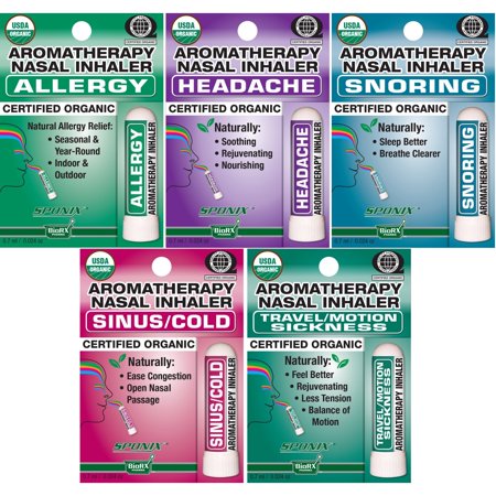 Nasal Inhaler Aromatherapy Gift Set of 5 - USDA - Allergy Headache Snoring Sinus/Cold & Travel/Motion - Made with 100% Pure Therapeutic Grade Organic Essential Oils 0.7 mL each by Sponix 5 Pack