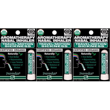 Nasal Inhaler Aromatherapy Travel/Motion Sickness - USDA Certified Organic - Made with Organic Essential Oils 0.7 mL by PrevenAge Made in USA / Fast Shipping Pack of 3.