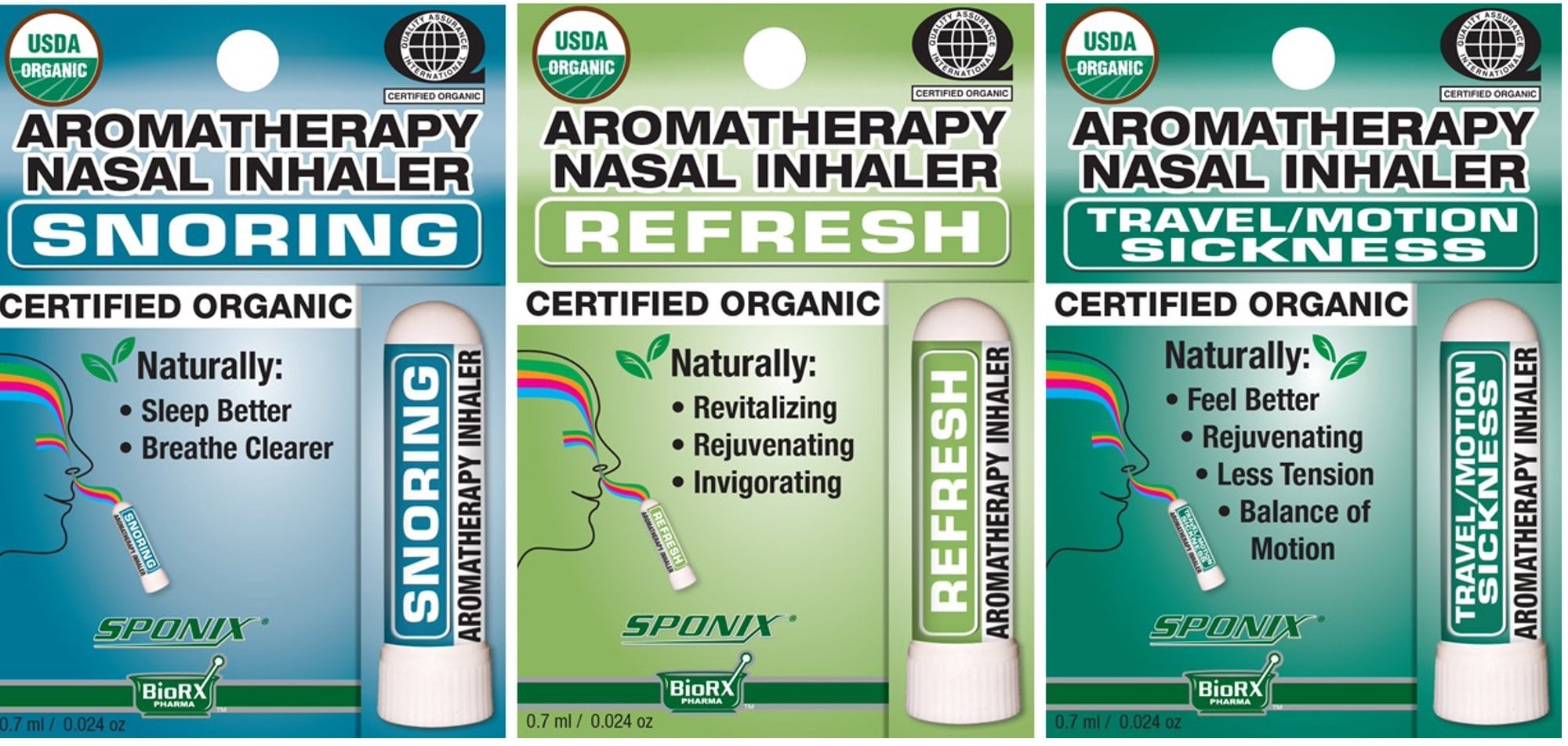 Nasal Inhaler USDA Organic Aromatherapy Gift Set of 3 Snoring, Travel/Motion Sickness and