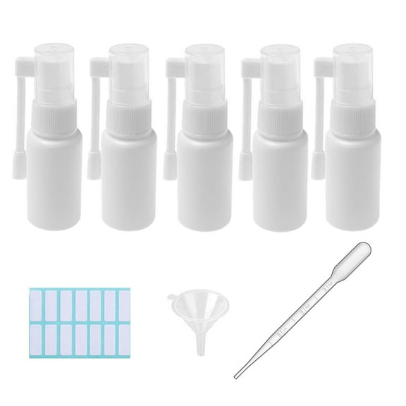 Nasal Spray Bottle, 5 Pcs 20ML Plastic Refillable Continuous Fine Mister Spray Bottles, Small Empty Nasal Sprayer with Funnels and Labels(White)