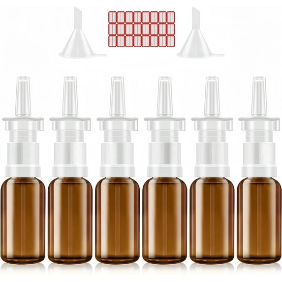 Nasal Spray Bottle, 6 Pcs 30ML/1oz Glass Amber Refillable Fine Mist Sprayers Atomizers, Small Empty Nasal Sprayer with Funnels and Labels