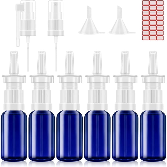 Nasal Spray Bottle, 6 Pcs 30ML/1oz Glass Refillable Continuous Fine Mister Spray Bottles, Small Empty Nasal Sprayer with Different Sprayers, Funnels, Travel Clips and Labels(Blue)