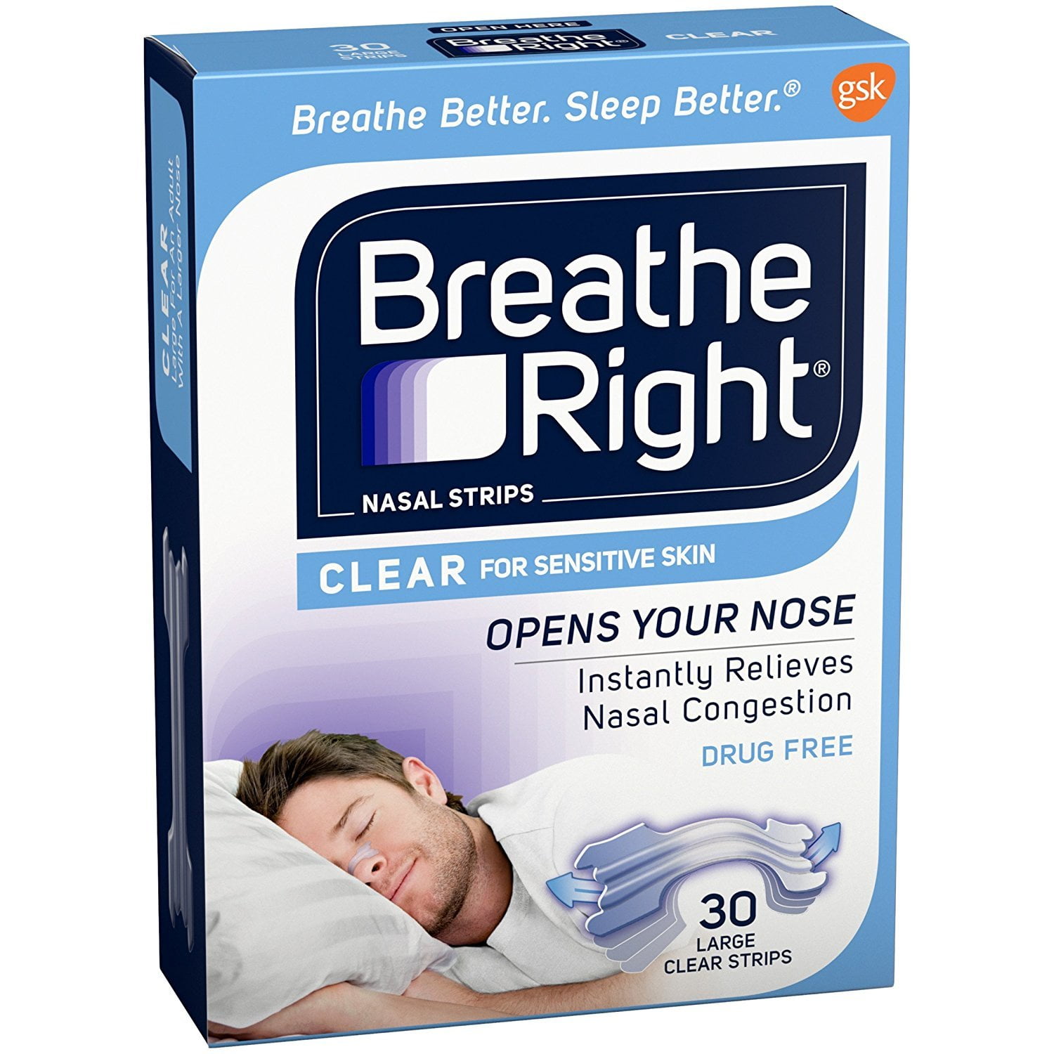 Nasal Strips Clear For Sensitive Skin Large 30 Each, Breathe Right nasal strips open your nose up to 38% more than allergy decongestant sprays alone.., By Breathe Right