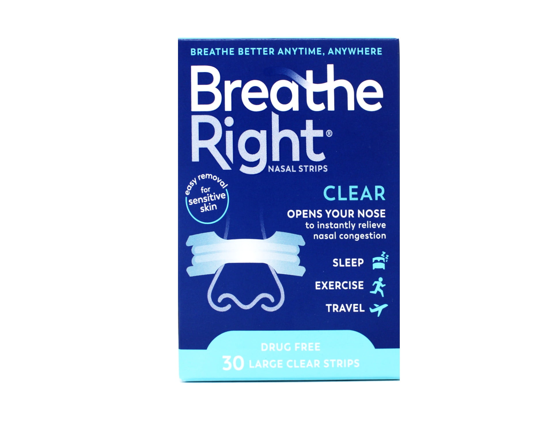 Breathe Right Nasal Strips Clear Large, 30 Drug-Free Strips for Sensitive Skin