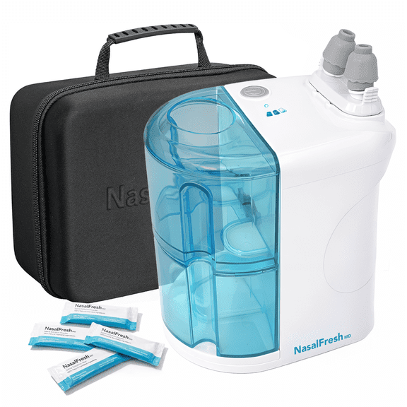 NasalFresh MD Premium Bundle Dual Powered Nasal Irrigation System for Sinus Congestion and Snoring, 60 Saline Packets, Rechargeable, Self Cleaning for Adults