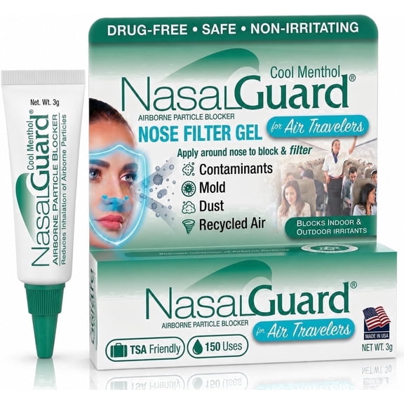 NasalGuard for Air Travelers | Helps Block Dust, Mold & Airborne Contaminants | Drug-Free, Applied Around Nose | TSA Friendly | 150+ Uses (Cool Menthol, 3g)