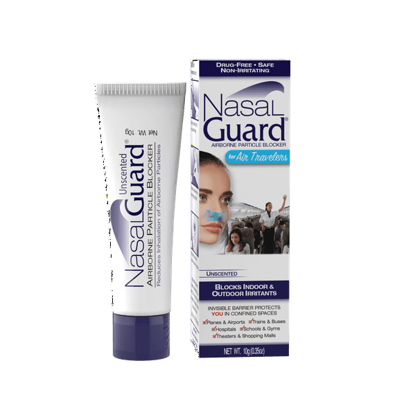 NasalGuard Airborne Particle Blocker Nasal Gel for Air Travelers - Drug-Free, Non-irritating, Non-drowsy, Ideal for Airplane Travel (Unscented) - Over 150 Applications Per Tube (0.1 oz, Pack of 1)