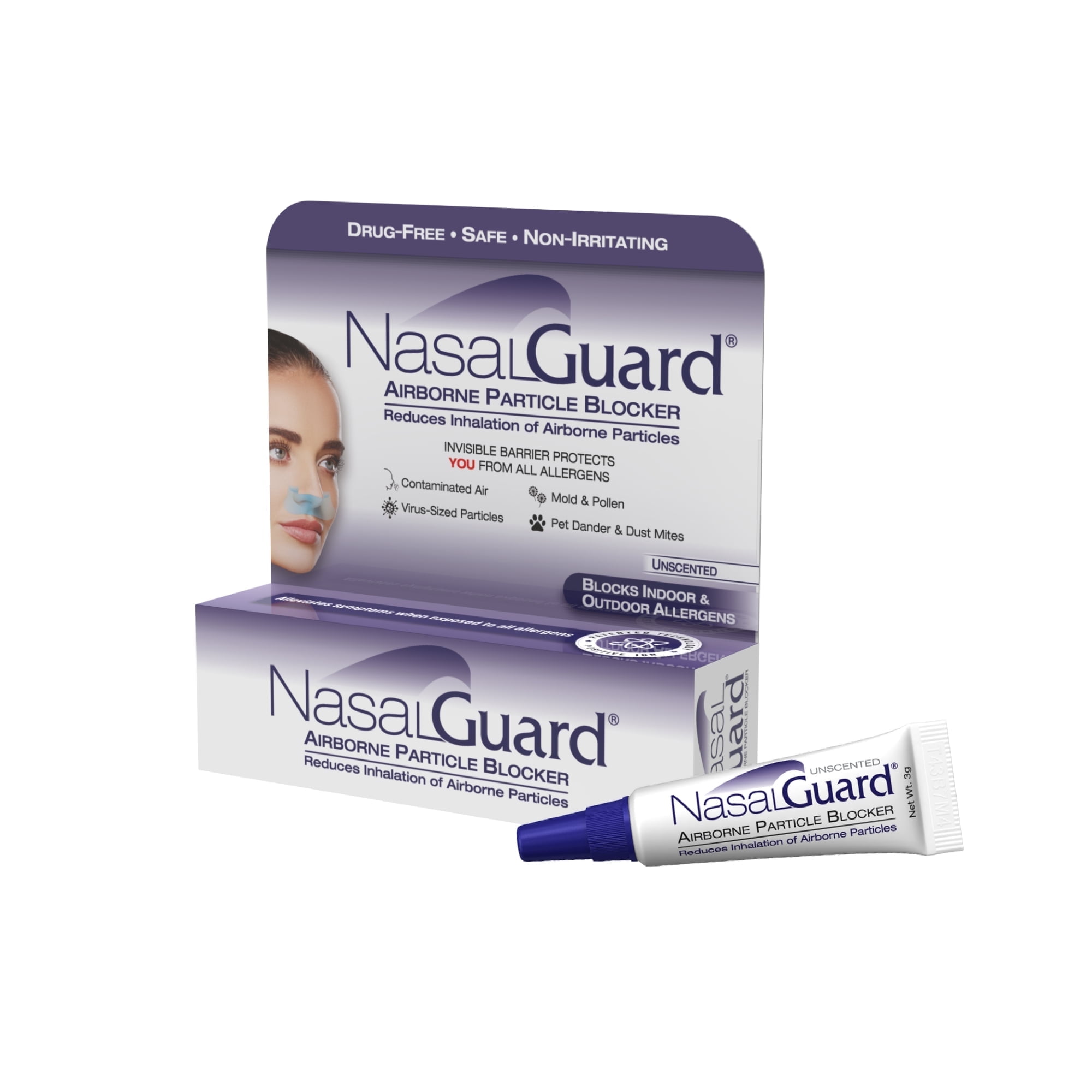 NasalGuard Airborne Particle Blocker Gel - Drug-Free Protection Against Pollutants and Irritants, Suitable for Daily Use, Made in USA (Unscented, 3 Gram Tube), Over 150 Applications