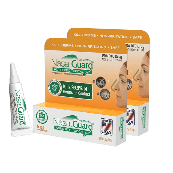 NasalGuard Nasal Antiseptic Gel | Helps Kill 99.9% of Germs Around the Nose | Alcohol-Free, Moisturizing, Daily Use | Drug-Free Protection | 150+ Applications (Cool Menthol, 3g, Pack of 2)