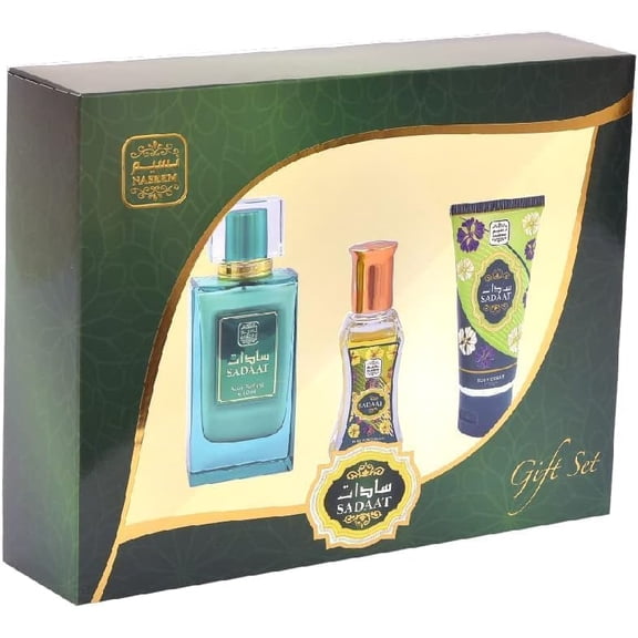 Naseem Sadaat 3-in-1 Gift Set | Aqua Parfum 80ml + Roll-On Perfume Oil 24ml + Body Cream 50g | Tropical FruityFloral Long-Lasting Fragrance for Men & Women