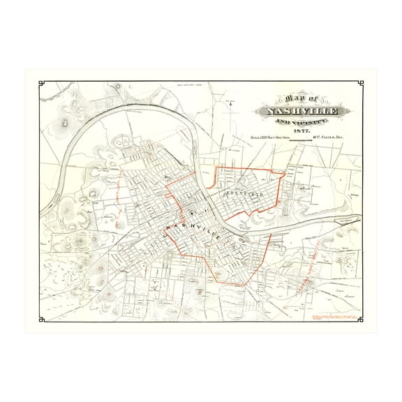 Nashville Art, 1879 Vintage Map of Nashville Tennessee, TN History Wall Decor Gift, Old Nashville Map - 36" x 24" Unframed Print