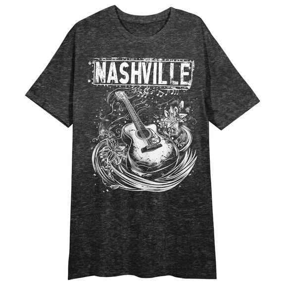 Nashville Guitar & Flowers Crew Neck Short Sleeve Black Heather Women's Night Shirt-Medium