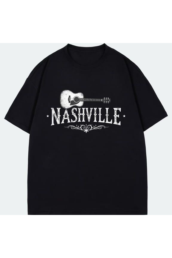 Nashville Guitar Print T Shirt Black Music City Country Style Casual Wear For Men And Women