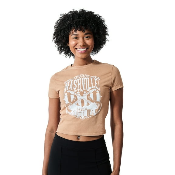 Nashville Guitars & Cityscape Women's Brown Crew Neck Short Sleeve Baby Tee-XL