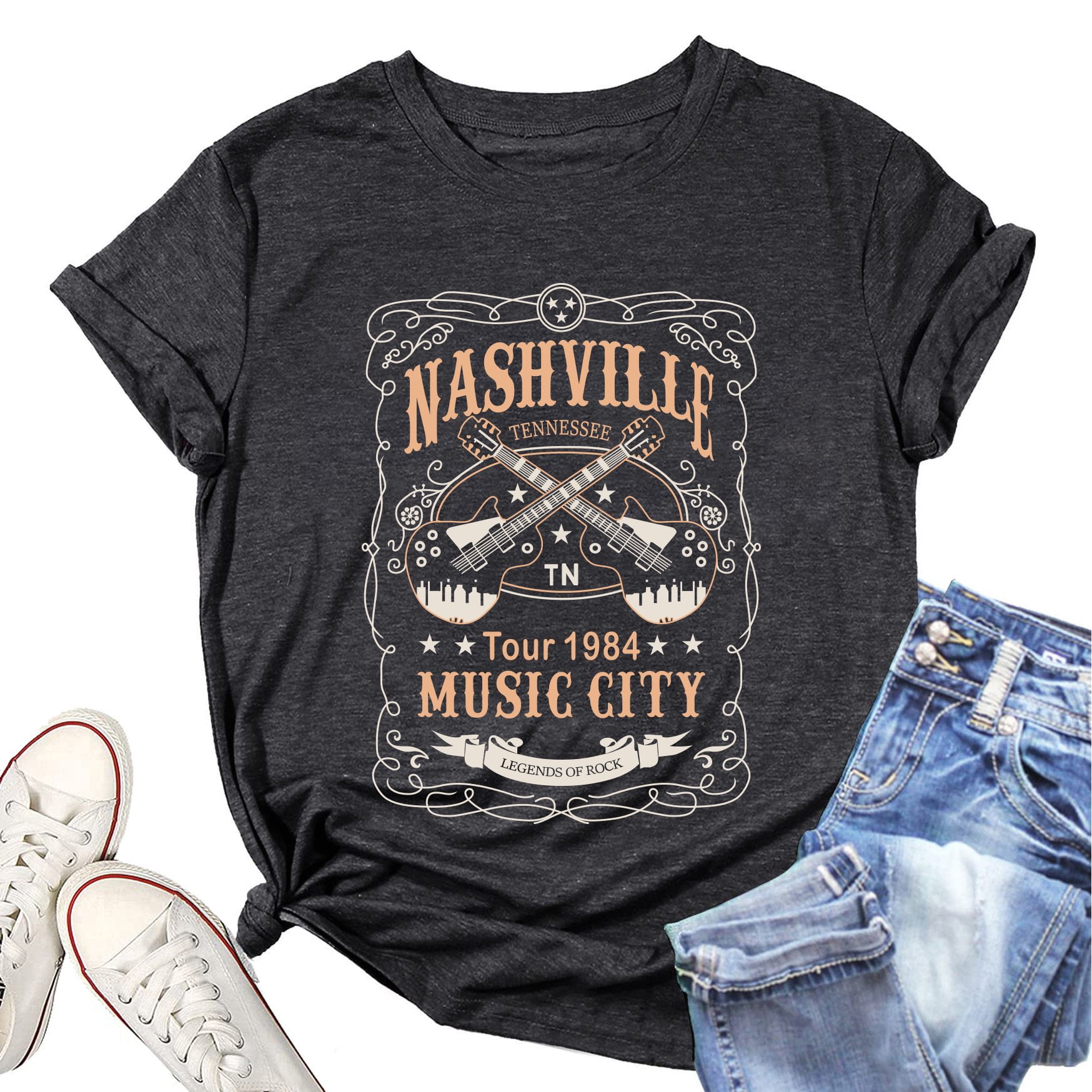 Guitar NASHVILLE Music City Print Crewneck Tee