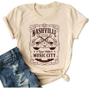 NDESTM Nashville Music City Shirt for Women Guitar Vintage Graphic Short Sleeve Rocker Band T Shirt Tour Concert Casual Tees Tops