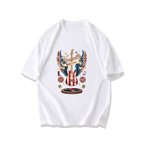 Nashville Music City T Shirt Black Guitar American Flag Wings And Stars Design For Music Lovers And Country Fans