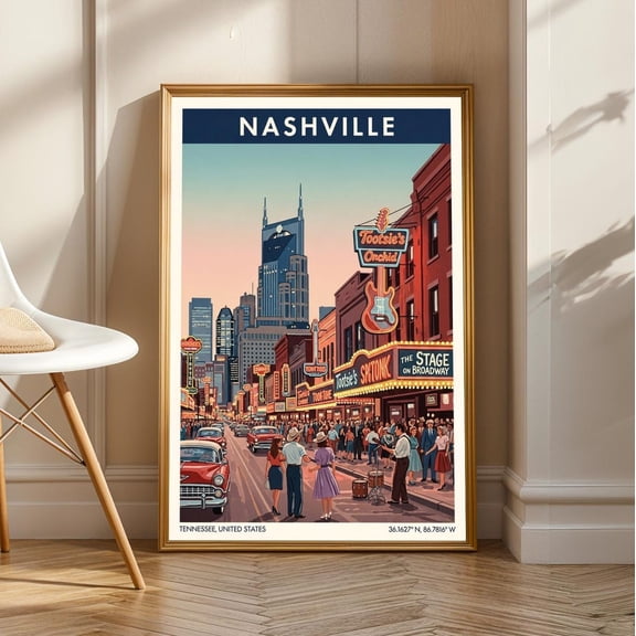 Nashville Neon Streets Retro Art Print: Vintage Travel Poster, Stretched Canvas Size 12x18