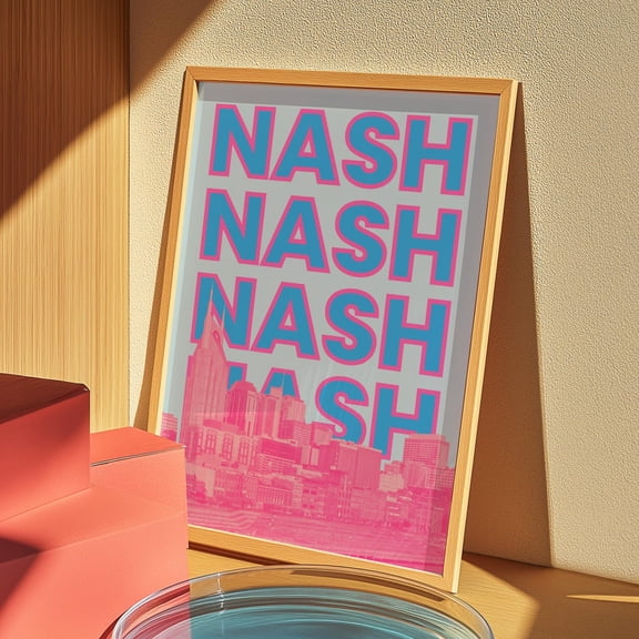 Nashville Print Pink And Blue Tennessee Wall Decor Girly Tn Travel Print Downtown Nashville Skyline Artwork Home Decor #579, Unframed Poster Size 8x12